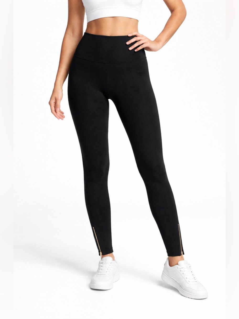 Spanx Women's Sz L Pull On Black Seamless Leggings W/ Gold-Tone Side Zip Details